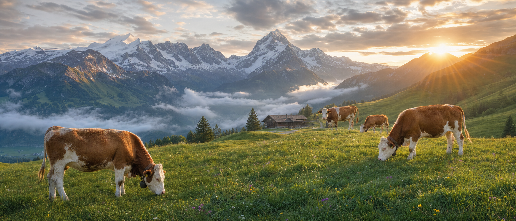 Schweizer Alpenlandschaft mit weidenden Rindern